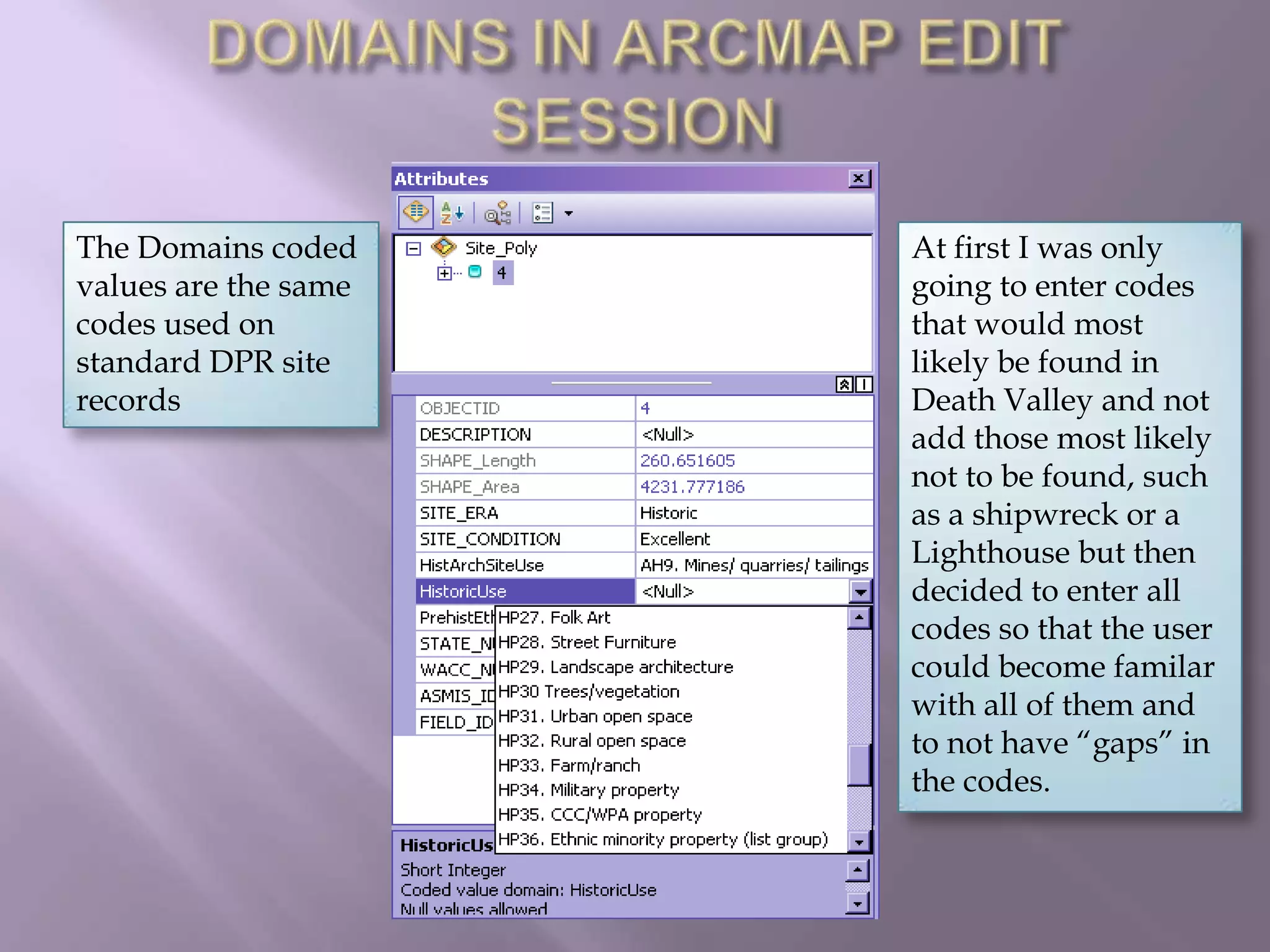 DOMAINS IN ARCMAP EDIT SESSIONThe Domains coded values are the same codes used on standard DPR site recordsAt first I was only going to enter codes that would most likely be found in Death Valley and not add those most likely not to be found, such as a shipwreck or a Lighthouse but then decided to enter all codes so that the user could become familar with all of them and to not have “gaps” in the codes.
