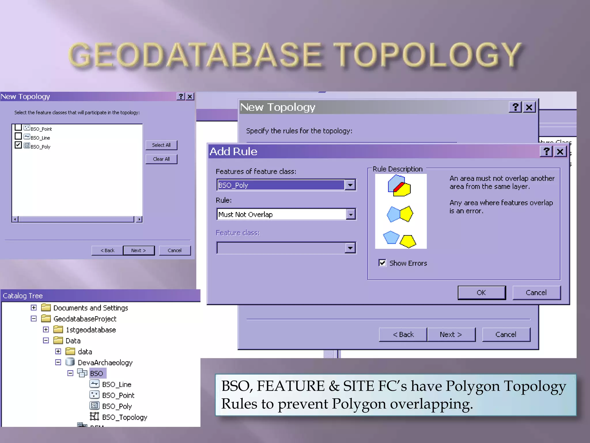 GEODATABASE TOPOLOGYBSO, FEATURE & SITE FC’s have Polygon Topology Rules to prevent Polygon overlapping.