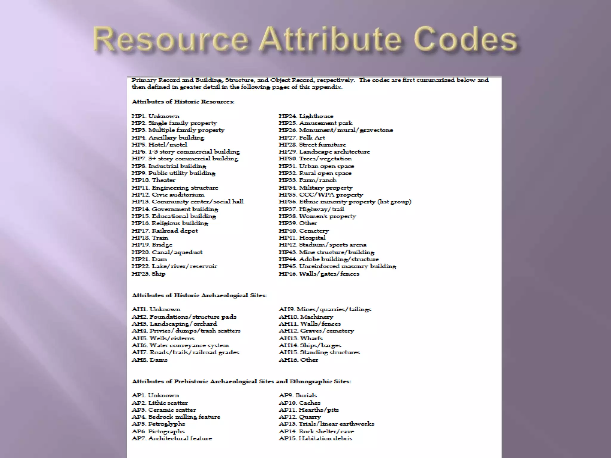 Resource Attribute Codes