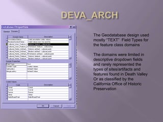 	DEVA_ARCHThe Geodatabase design used mostly “TEXT”  Field Types for the feature class domainsThe domains were limited in descriptive dropdown fields and rarely represented the types of sites/artifacts and features found in Death ValleyOr as classified by the California Office of Historic Preservation