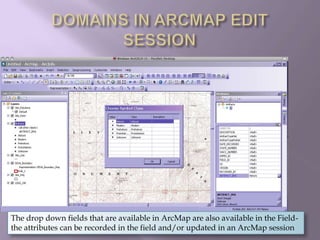 DOMAINS IN ARCMAP EDIT SESSIONThe drop down fields that are available in ArcMap are also available in the Field- the attributes can be recorded in the field and/or updated in an ArcMap session