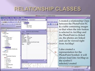 RELATIONSHIP CLASSESI created a relationship Class between the PhotoPoint FC & a table containing images so that when the info button is selected in ArcMap and the PhotoPoint is clicked on, the photos are linked and can be viewed right from ArcMap!I also created a representation for the PhotoPoint Symbol- it will always load into ArcMap as the symbol I selected/created 