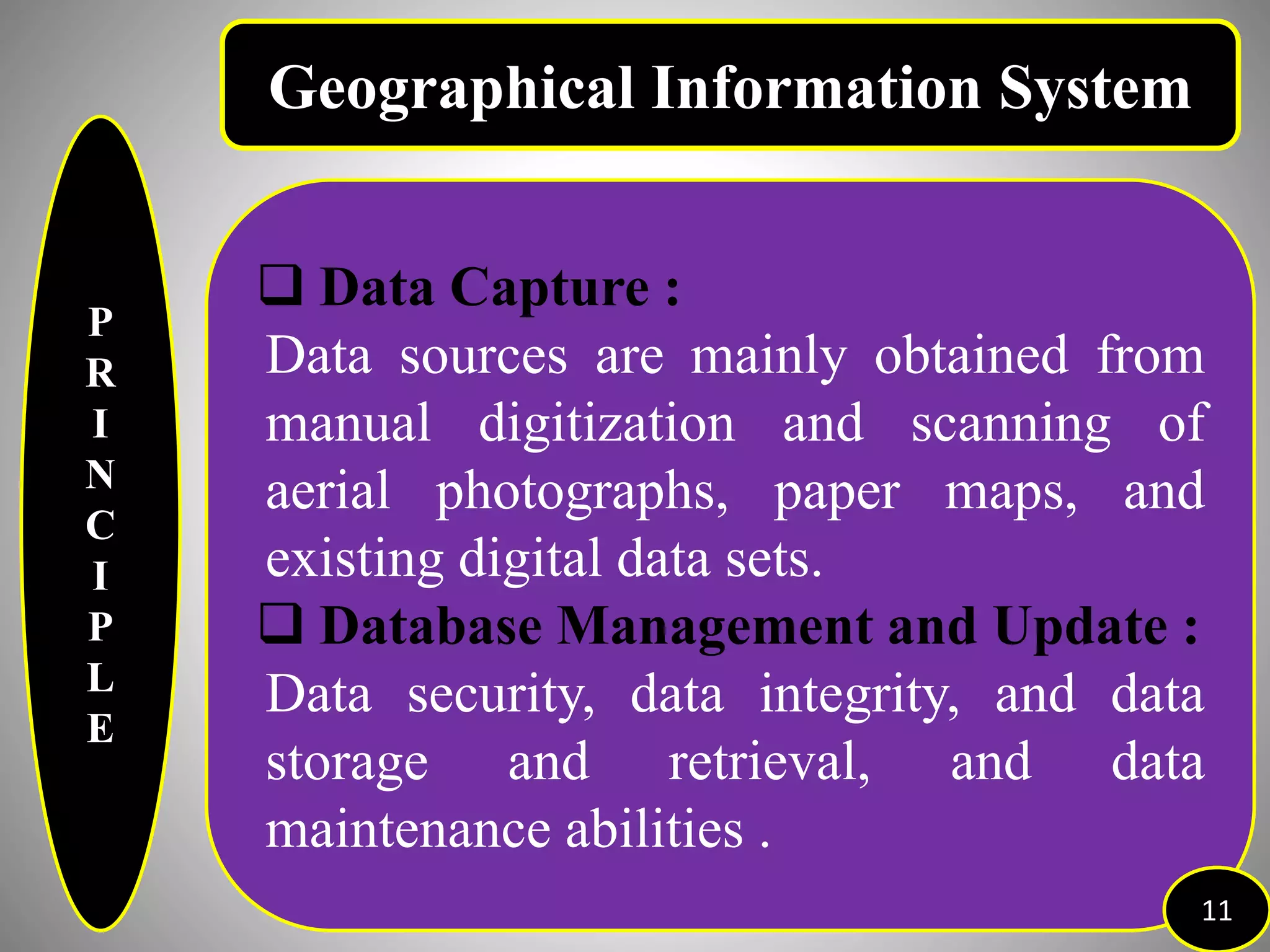 P
R
I
N
C
I
P
L
E
 Data Capture :
Data sources are mainly obtained from
manual digitization and scanning of
aerial photographs, paper maps, and
existing digital data sets.
 Database Management and Update :
Data security, data integrity, and data
storage and retrieval, and data
maintenance abilities .
11
Geographical Information System
 