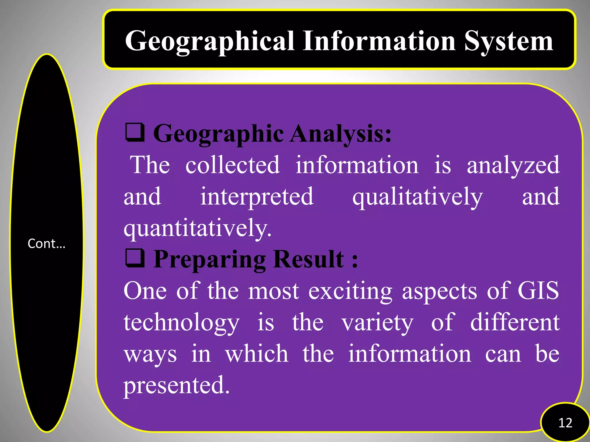 Cont…
 Geographic Analysis:
The collected information is analyzed
and interpreted qualitatively and
quantitatively.
 Preparing Result :
One of the most exciting aspects of GIS
technology is the variety of different
ways in which the information can be
presented.
12
Geographical Information System
 