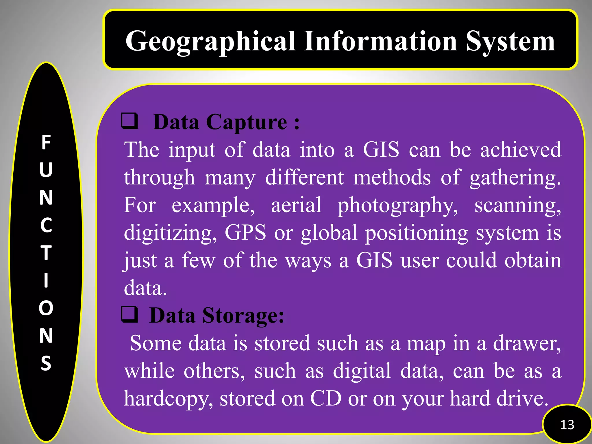 F
U
N
C
T
I
O
N
S
 Data Capture :
The input of data into a GIS can be achieved
through many different methods of gathering.
For example, aerial photography, scanning,
digitizing, GPS or global positioning system is
just a few of the ways a GIS user could obtain
data.
 Data Storage:
Some data is stored such as a map in a drawer,
while others, such as digital data, can be as a
hardcopy, stored on CD or on your hard drive.
13
Geographical Information System
 