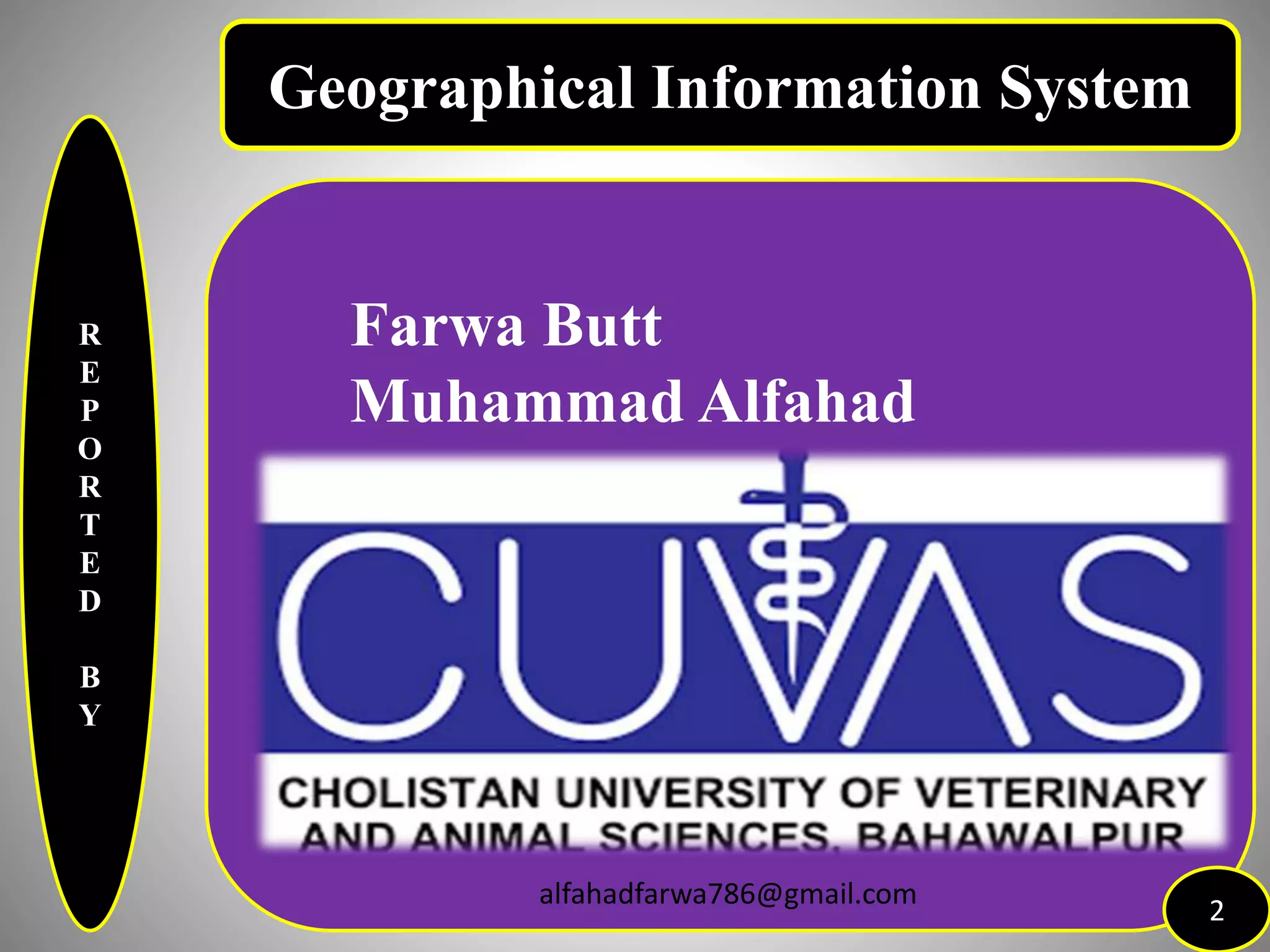 R
E
P
O
R
T
E
D
B
Y
2
Geographical Information System
Farwa Butt
Muhammad Alfahad
alfahadfarwa786@gmail.com
 