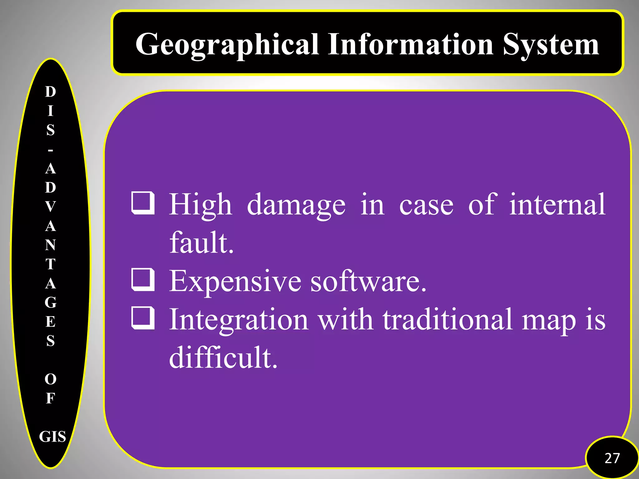 D
I
S
-
A
D
V
A
N
T
A
G
E
S
O
F
GIS
 High damage in case of internal
fault.
 Expensive software.
 Integration with traditional map is
difficult.
27
Geographical Information System
 