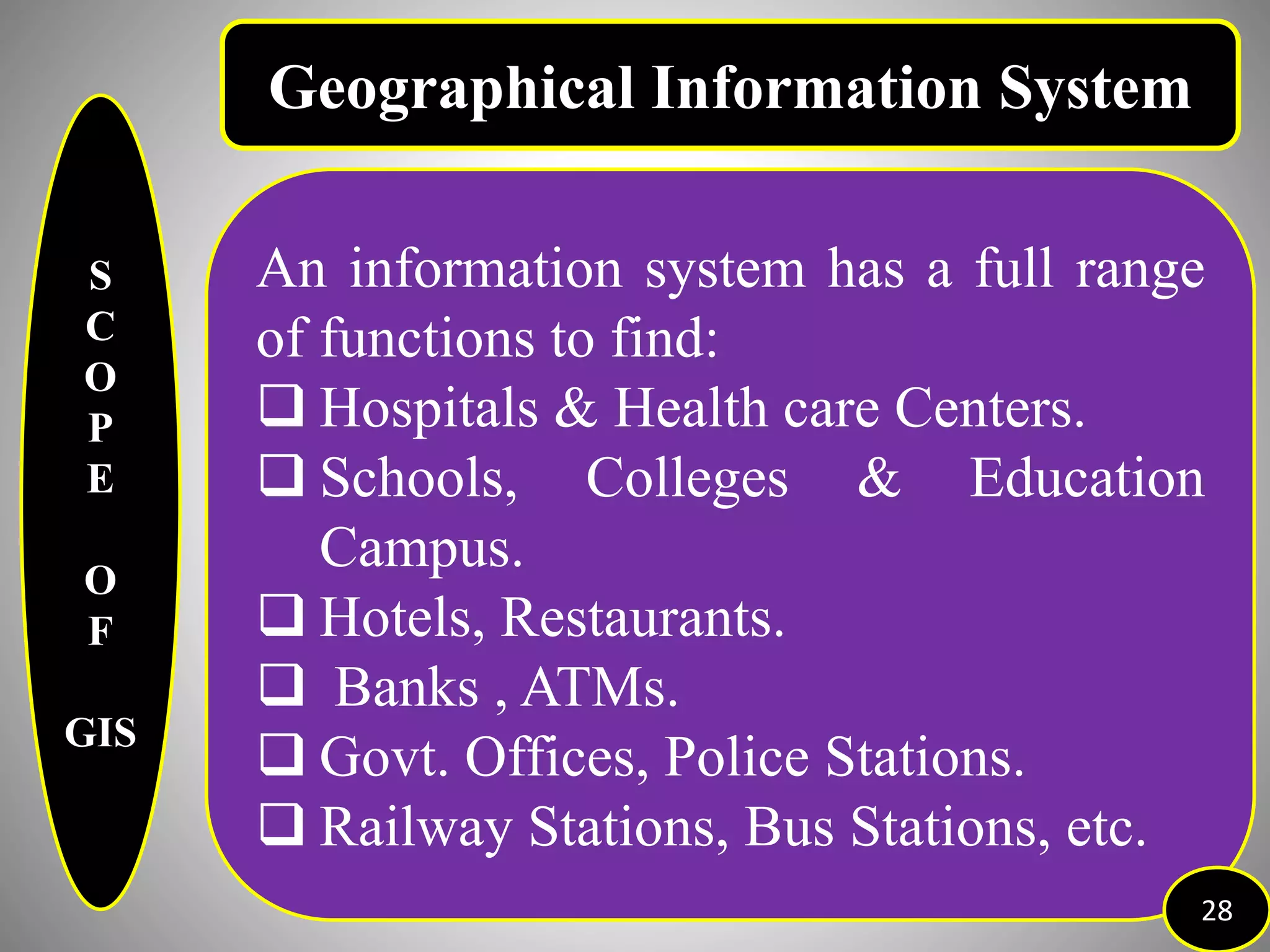 S
C
O
P
E
O
F
GIS
An information system has a full range
of functions to find:
 Hospitals & Health care Centers.
 Schools, Colleges & Education
Campus.
 Hotels, Restaurants.
 Banks , ATMs.
 Govt. Offices, Police Stations.
 Railway Stations, Bus Stations, etc.
28
Geographical Information System
 