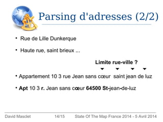 Parsing d'adresses (2/2)
David Masclet 14/15 State Of The Map France 2014 - 5 Avril 2014

Rue de Lille Dunkerque

Haute ...