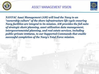 ASSET MANAGEMENT VISION


     NAVFAC Asset Management (AM) will lead the Navy to an
     “ownership culture” of the shore infrastructure life-cycle ensuring
     Navy facilities are integral to its mission. AM provides the full suite
     of strategic shore planning, asset utilization data management,
     intergovernmental planning, and real estate services, including
     public-private ventures, to our Supported Commands that enable
     successful completion of the Navy’s Total Force mission.




11
 