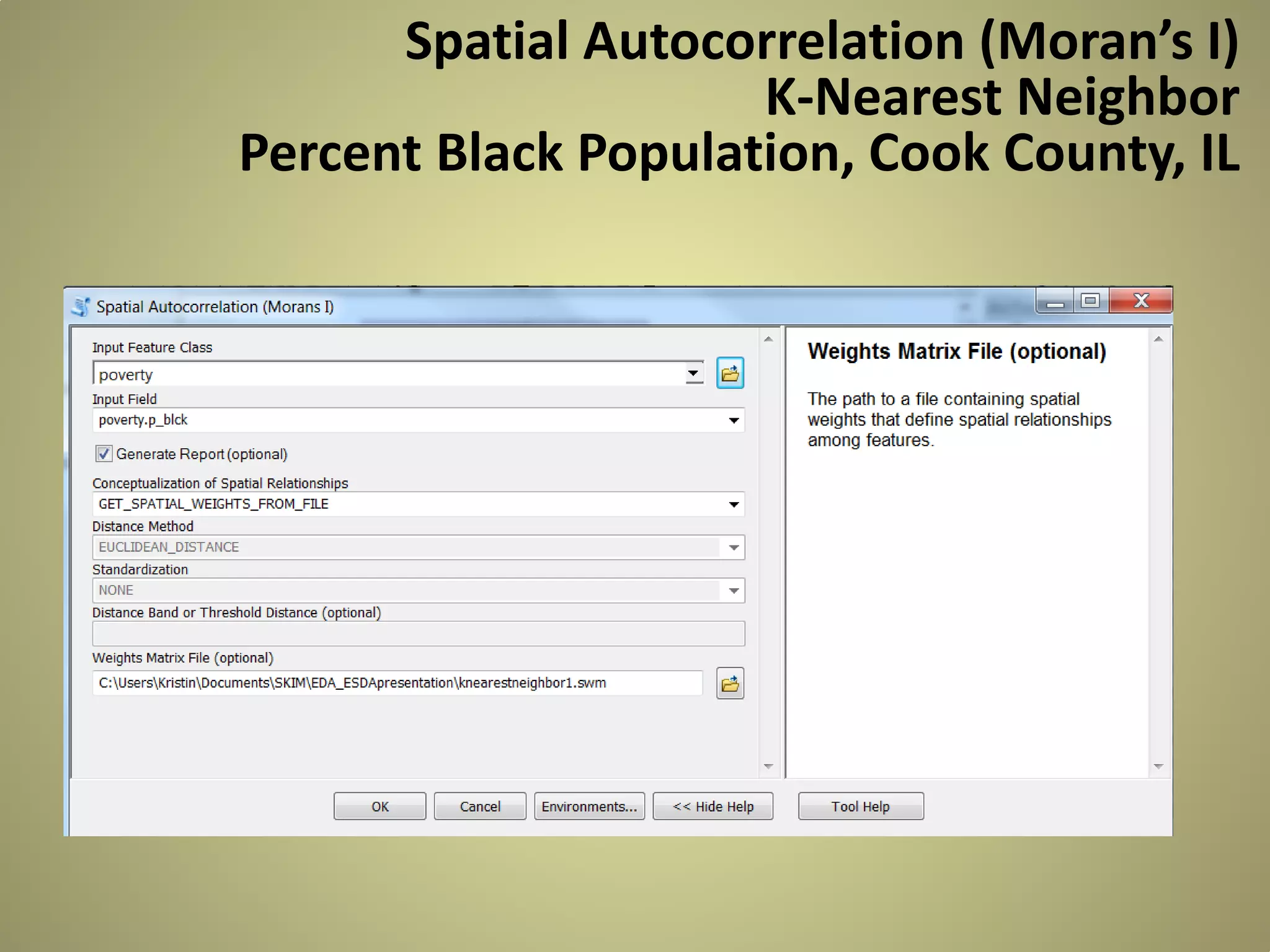 Spatial Autocorrelation (Moran’s I)
K-Nearest Neighbor
Percent Black Population, Cook County, IL

 