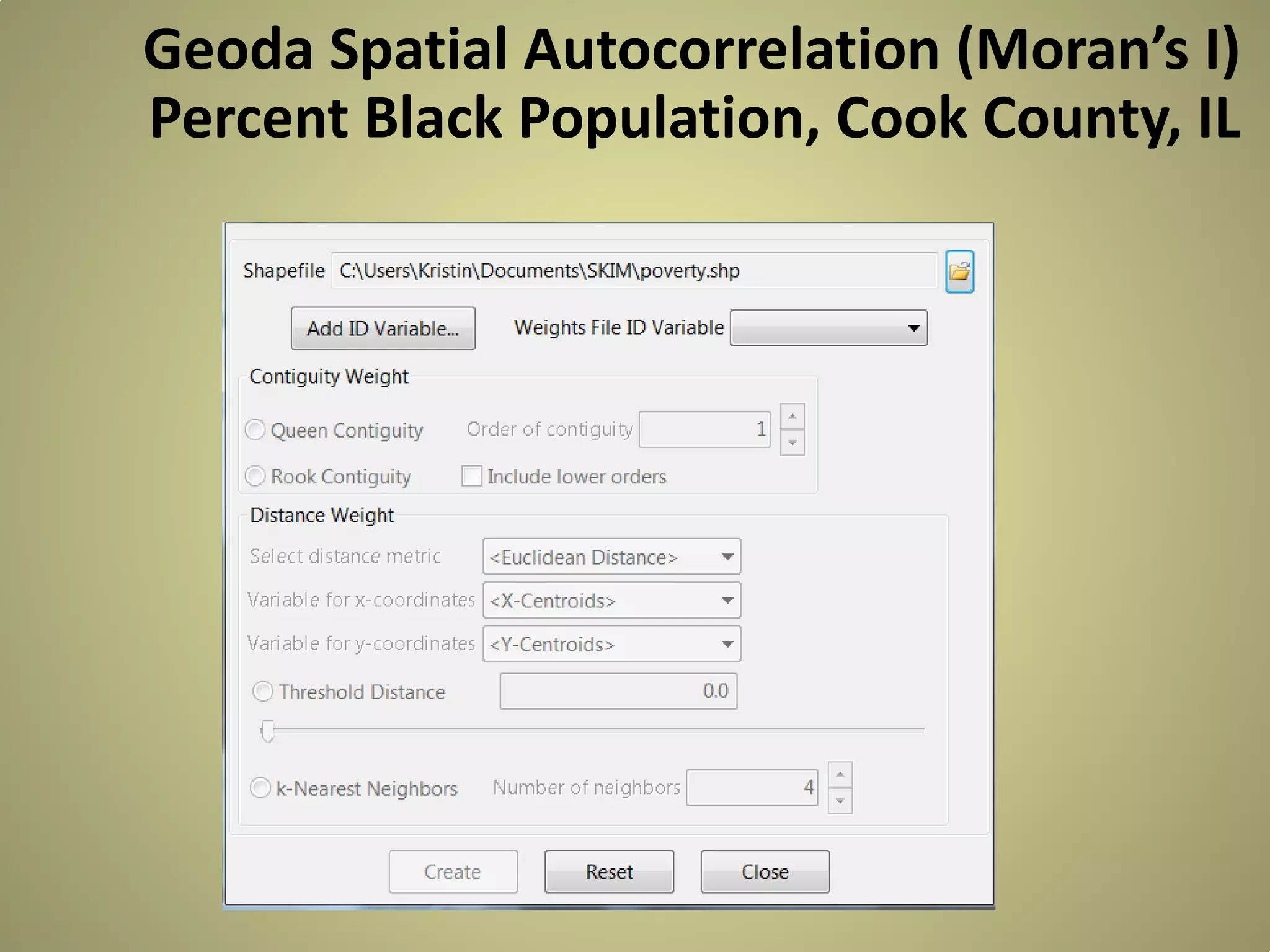 Geoda Spatial Autocorrelation (Moran’s I)
Percent Black Population, Cook County, IL

 