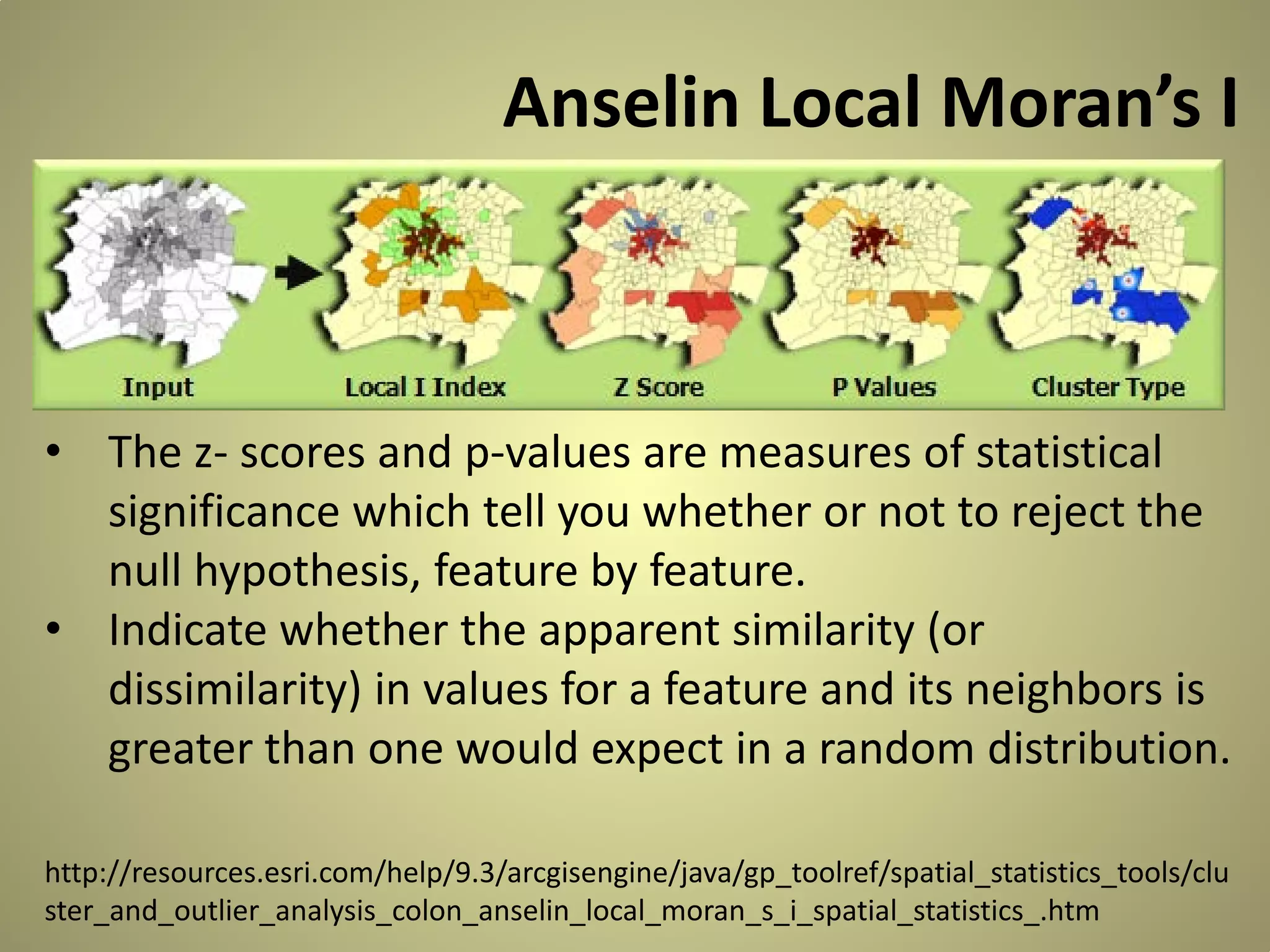 Anselin Local Moran’s I

• The z- scores and p-values are measures of statistical
significance which tell you whether or not to reject the
null hypothesis, feature by feature.
• Indicate whether the apparent similarity (or
dissimilarity) in values for a feature and its neighbors is
greater than one would expect in a random distribution.
http://resources.esri.com/help/9.3/arcgisengine/java/gp_toolref/spatial_statistics_tools/clu
ster_and_outlier_analysis_colon_anselin_local_moran_s_i_spatial_statistics_.htm

 