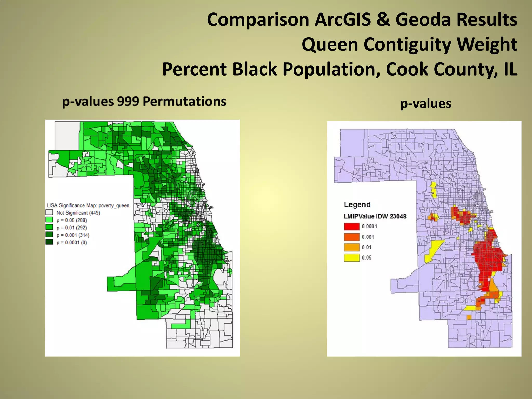 Comparison ArcGIS & Geoda Results
Queen Contiguity Weight
Percent Black Population, Cook County, IL
p-values

 