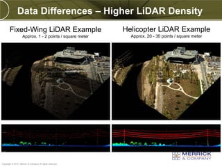 Data Differences – Higher LiDAR Density
       Fixed-Wing LiDAR Example                           Helicopter LiDAR Example
                    Approx. 1 - 2 points / square meter     Approx. 20 - 30 points / square meter




PREXXXX 23
Copyright © 2010 Merrick & Company All rights reserved.
 