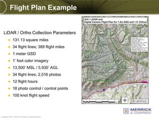 Flight Plan Example


   LiDAR / Ortho Collection Parameters
              131.13 square miles
              34 flight lines; 389 flight miles
              1 meter GSD
              1’ foot color imagery
              13,500’ MSL / 5,930’ AGL
              34 flight lines; 2,516 photos
              12 flight hours
              18 photo control / control points
              100 knot flight speed



PREXXXX 62
Copyright © 2010 Merrick & Company All rights reserved.
 