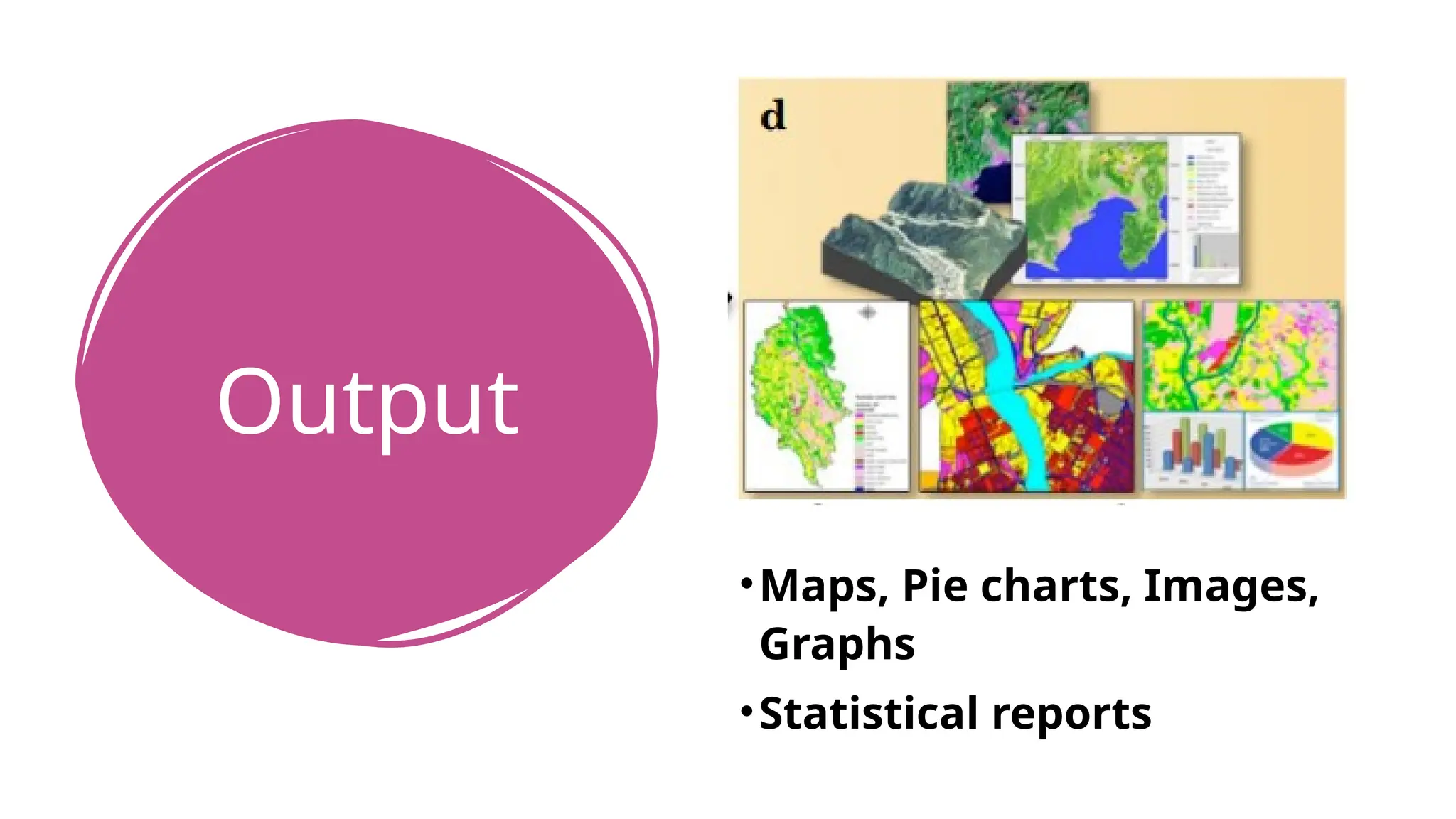 Output
•Maps, Pie charts, Images,
Graphs
•Statistical reports
 