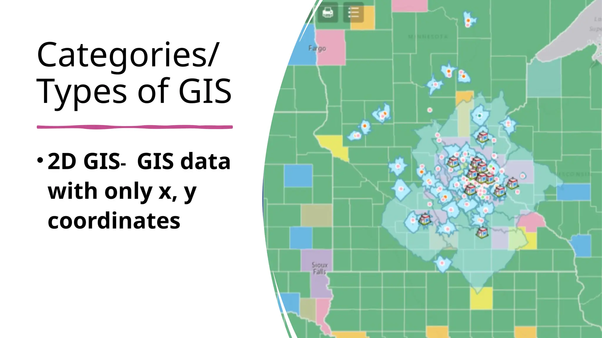 Categories/
Types of GIS
•2D GIS- GIS data
with only x, y
coordinates
 
