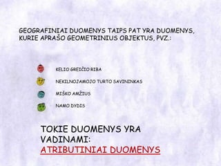 GEOGRAFINIAI DUOMENYS TAIPS PAT YRA DUOMENYS, KURIE APRAŠO GEOMETRINIUS OBJEKTUS, PVZ.:KELIO GREIČIO RIBANEKILNOJAMOJO TURTO SAVININKASMIŠKO AMŽIUSNAMO DYDISTOKIE DUOMENYS YRA VADINAMI:ATRIBUTINIAI DUOMENYS