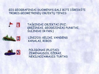 GIS GEOGRAFINIAI DUOMENYS GALI BŪTI IŠREIKŠTI TRIMIS GEOMETRINIŲ OBJEKTŲ TIPAIS:TAŠKINIAI OBJEKTAI (PVZ.: GRĘŽINIAI, GEODEZINIAI PUNKTAI, ŠULINIAIIR PAN.)LINIJOS: KELIAI, VANDENS KANALAI, RIBOSPOLIGONAI (PLOTAI): ŽEMĖNAUDOS, EŽERAI, NEKILNOJAMASIS TURTAS