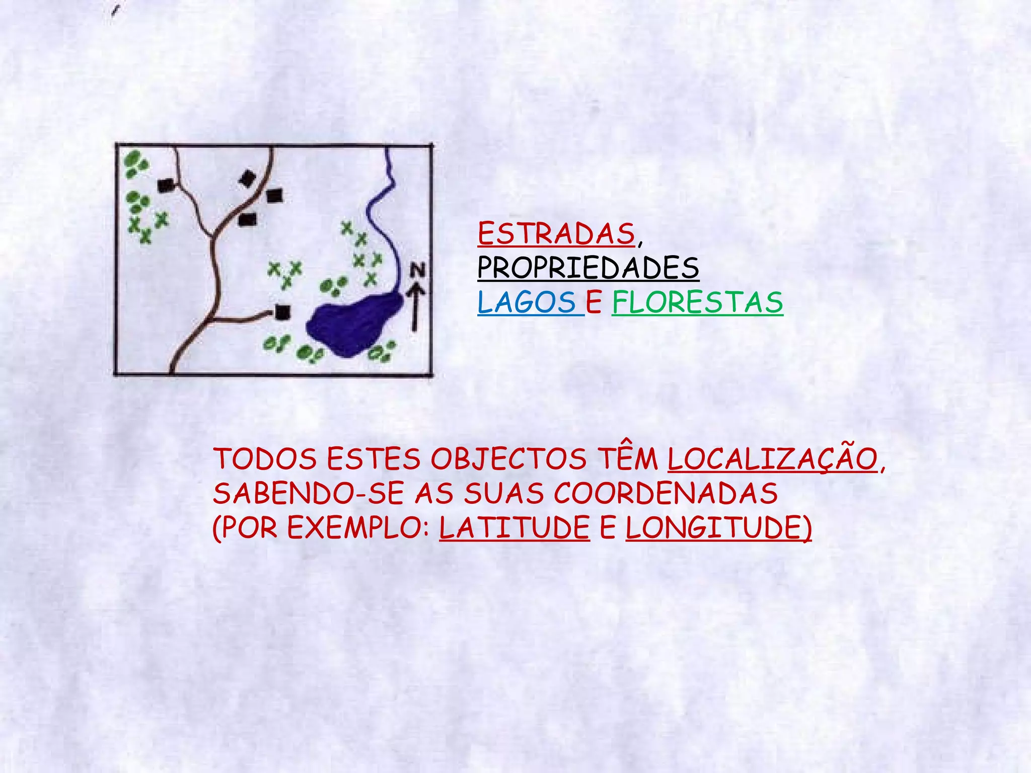 ESTRADAS ,  PROPRIEDADES LAGOS  E  FLORESTAS TODOS ESTES OBJECTOS TÊM  LOCALIZAÇÃO , SABENDO-SE AS SUAS COORDENADAS (POR EXEMPLO:  LATITUDE  E  LONGITUDE) 