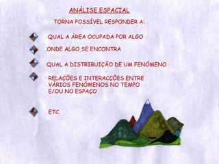 ANÁLISE ESPACIAL TORNA POSSÍVEL RESPONDER A: QUAL A ÁREA OCUPADA POR ALGO ONDE ALGO SE ENCONTRA QUAL A DISTRIBUIÇÃO DE UM FENÓMENO RELAÇÕES E INTERACÇÕES ENTRE VÁRIOS FENÓMENOS NO TEMPO E/OU NO ESPAÇO ETC. 