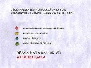 GEOGRAFISKA DATA ÄR OCKSÅ DATA SOM BESKSRIVER DE GEOMETRISKA OBJEKTEN, T.EX:HASTIGHETSBEGRÄNSNINGARNA PÅ EN VÄGÄGAREN TILL EN EGENDOMÅLDERN PÅ EN SKOGANTAL VÅNINGAR PÅ ETT HUSDESSA DATA KALLAR VI:ATTRIBUTDATA