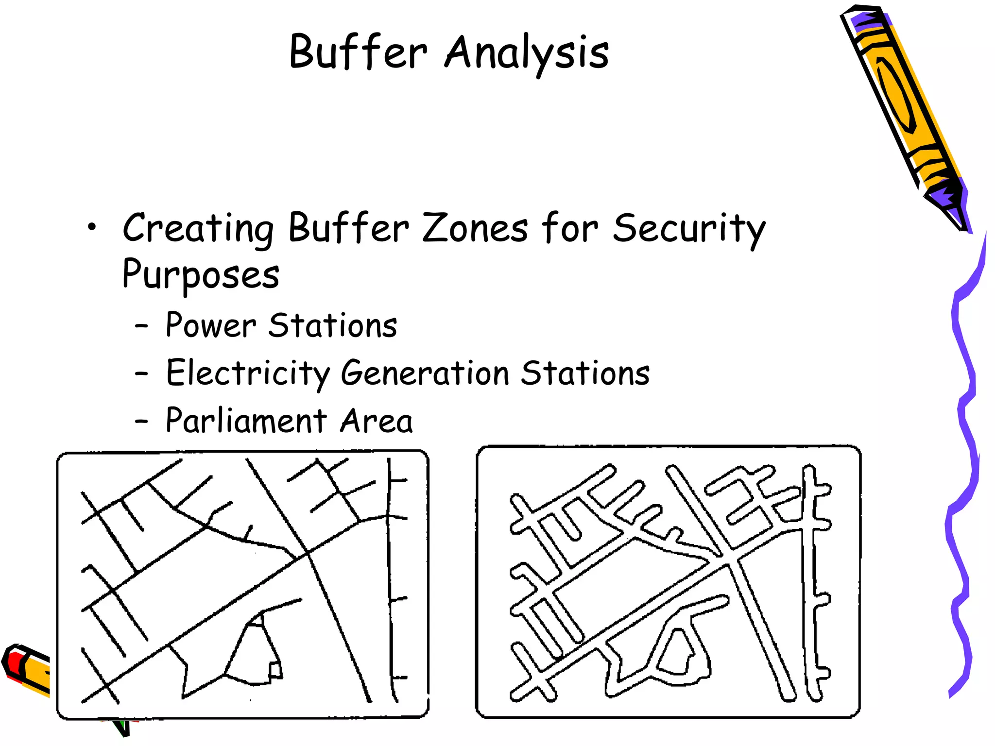 Buffer Analysis
• Creating Buffer Zones for Security
Purposes
– Power Stations
– Electricity Generation Stations
– Parliament Area
 