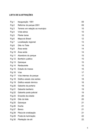 6
LISTA DE ILUSTRAÇÕES
Fig 1 Inauguração 1991 09
Fig 2 Reforma do parque 2001 09
Fig 3 Terreno em relação ao município 10
Fig 4 Vista aérea 10
Fig 5 Planta baixa 10
Fig 6 Mapa do Brasil 12
Fig 7 Localização regional 13
Fig 8 Orla rio Tiete 14
Fig 9 Área verde 14
Fig 10 Área verde 14
Fig 11 Abandono do parque 15
Fig 12 Banheiro publico 15
Fig 13 Quiosque 15
Fig 14 Restaurante 15
Fig 15 Estudo de massa 16
Fig 16 Vias 17
Fig 17 Vias internas do parque 17
Fig 18 Gráfico estudo dos ventos 18
Fig 19 Gráfico estudo térmico 18
Fig 20 Gabarito da portaria 19
Fig 21 Gabarito banheiro 19
Fig 22 Gabarito posto policial 19
Fig 23 Encarde da cidade 20
Fig 24 Orla do tiete 20
Fig 25 Quiosque 21
Fig 26 Ducha 21
Fig 27 Banco 21
Fig 28 Placa de sinalização 21
Fig 29 Poste de iluminação 22
Fig 30 Plantação de oiti 22
 