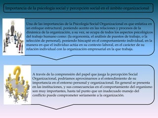 Importancia de la psicología social y percepción social en el ámbito organizacional


            Una de las importancias de la Psicología Social Organizacional es que enfatiza en
            un enfoque estructural, poniendo acento en las relaciones y procesos de la
            dinámica de la organización, a su vez, se ocupa de todos los aspectos psicológicos
            del trabajo humano como: (la ergonomía, el análisis de puestos de trabajo, o la
            selección de personal), poniendo hincapié en el comportamiento individual, en la
            manera en que el individuo actúa en su contexto laboral, en el carácter de su
            relación individual con la organización empresarial en la que trabaja.




               A través de la comprensión del papel que juega la percepción Social
               Organizacional, podríamos aproximarnos a el entendimiento de su
               importancia en el entorno personal y organizacional. En general se presenta
               en las instituciones, y sus consecuencias en el comportamiento del organismo
               son muy importantes, hasta tal punto que un inadecuado manejo del
               conflicto puede comprometer seriamente a la organización.
 