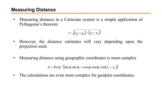 Measuring Distance
• Measuring distance in a Cartesian system is a simple application of
Pythagoras’s theorem:
• However, the distance estimates will vary depending upon the
projection used.
• Measuring distance using geographic coordinates is more complex
• The calculations are even more complex for geodetic coordinates.
   
y
y
x
x
d
2
1
2
1
2
2

 

 
 
2
1
2
1
2
1
1
cos
cos
cos
sin
sin
cos 




 

 
R
d
 