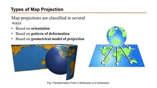 Types of Map Projection
Map projections are classified in several
ways
• Based on orientation
• Based on pattern of deformation
• Based on geometrical model of projection
Fig: Transformation From 3 dimension to 2 dimension
 