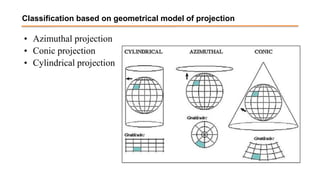 Classification based on geometrical model of projection
• Azimuthal projection
• Conic projection
• Cylindrical projection
 