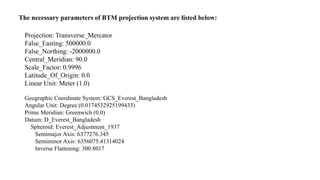 The necessary parameters of BTM projection system are listed below:
Projection: Transverse_Mercator
False_Easting: 500000.0
False_Northing: -2000000.0
Central_Meridian: 90.0
Scale_Factor: 0.9996
Latitude_Of_Origin: 0.0
Linear Unit: Meter (1.0)
Geographic Coordinate System: GCS_Everest_Bangladesh
Angular Unit: Degree (0.0174532925199433)
Prime Meridian: Greenwich (0.0)
Datum: D_Everest_Bangladesh
Spheroid: Everest_Adjustment_1937
Semimajor Axis: 6377276.345
Semiminor Axis: 6356075.41314024
Inverse Flattening: 300.8017
 