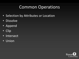 Common OperationsSelection by Attributes or LocationDissolveAppendClipIntersectUnion