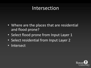 IntersectionWhere are the places that are residential and flood prone?Select flood prone from Input Layer 1Select residential from Input Layer 2Intersect