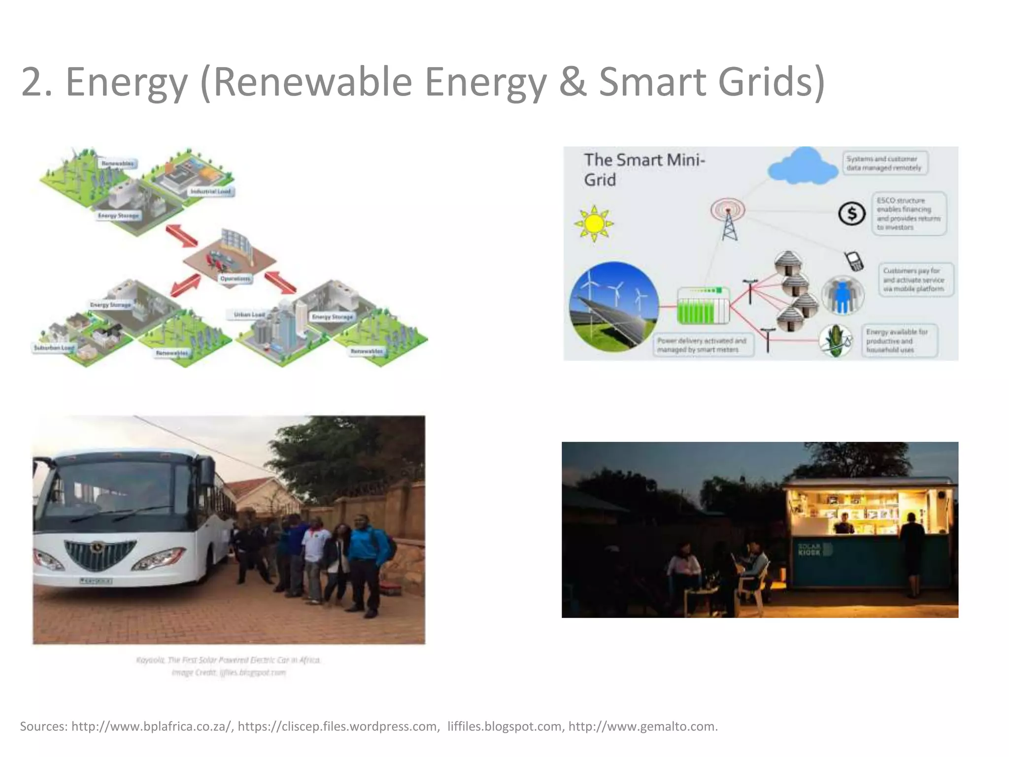 2. Energy (Renewable Energy & Smart Grids)
Sources: http://www.bplafrica.co.za/, https://cliscep.files.wordpress.com, liffiles.blogspot.com, http://www.gemalto.com.
 