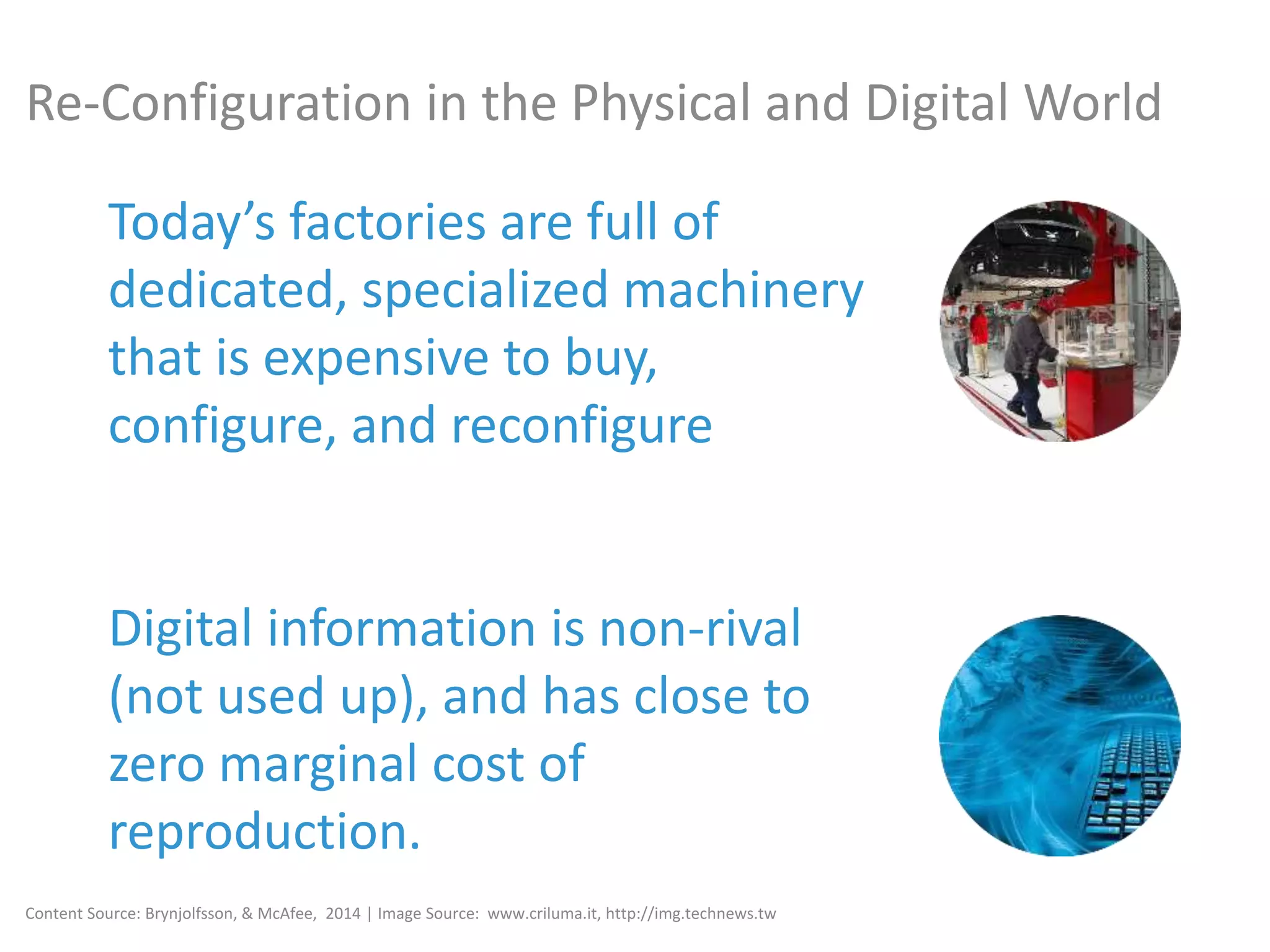 Today’s factories are full of
dedicated, specialized machinery
that is expensive to buy,
configure, and reconfigure
Digital information is non-rival
(not used up), and has close to
zero marginal cost of
reproduction.
Content Source: Brynjolfsson, & McAfee, 2014 | Image Source: www.criluma.it, http://img.technews.tw
Re-Configuration in the Physical and Digital World
 
