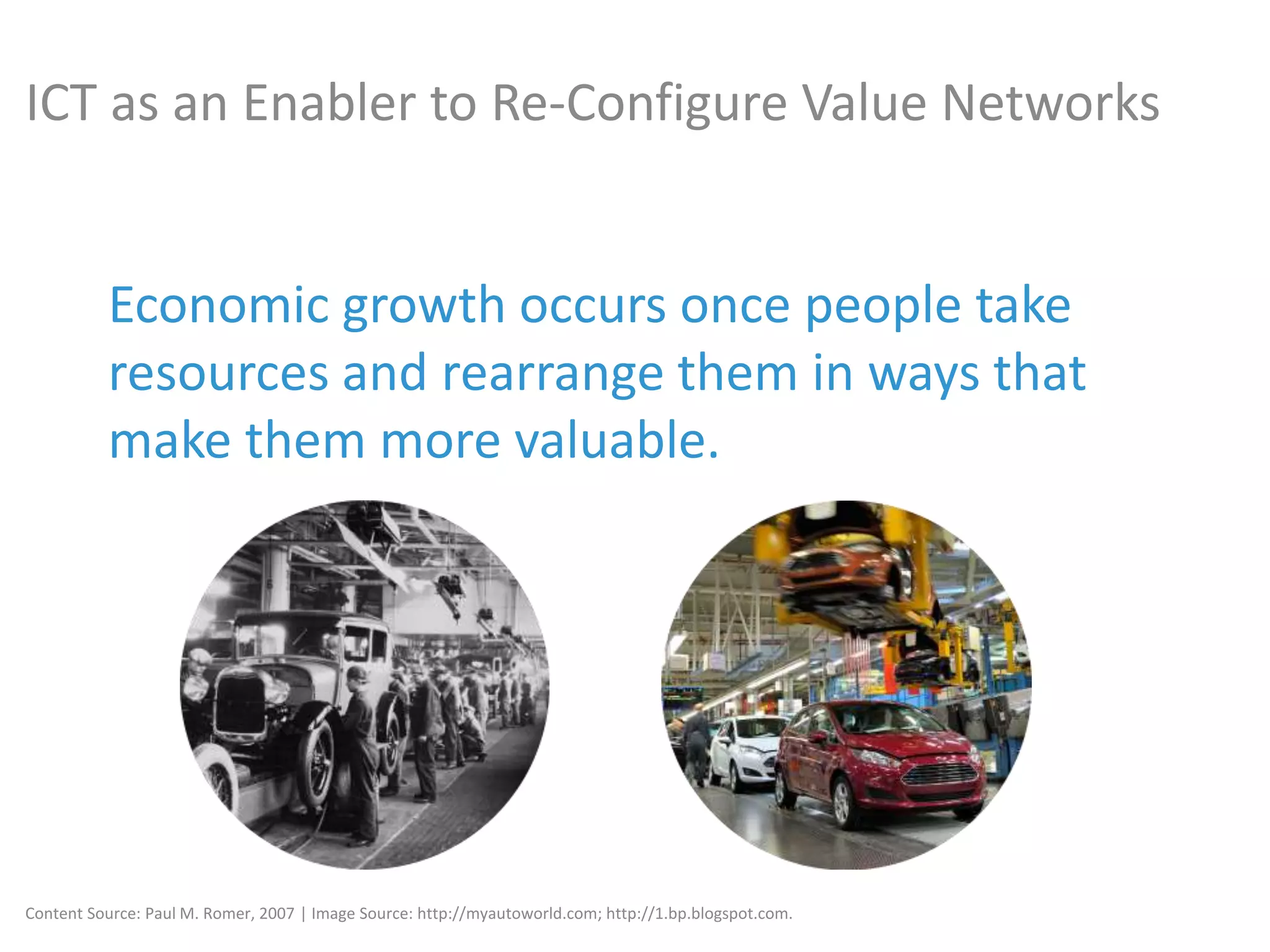 Economic growth occurs once people take
resources and rearrange them in ways that
make them more valuable.
Content Source: Paul M. Romer, 2007 | Image Source: http://myautoworld.com; http://1.bp.blogspot.com.
ICT as an Enabler to Re-Configure Value Networks
 