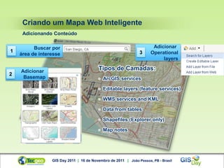 Criando um Mapa Web Inteligente
     Adicionando Conteúdo

          Buscar por                                                  Adicionar
1                                                              3     Operational
    área de interesse
                                                                          layers

    Adicionar                            Tipos de Camadas:
2
     Basemap                             •   ArcGIS services

                                         •   Editable layers (feature services)

                                         •   WMS services and KML

                                         •   Data from tables

                                         •   Shapefiles (Explorer only)

                                         •   Map notes




                 GIS Day 2011 | 16 de Novembro de 2011 | João Pessoa, PB - Brasil
 