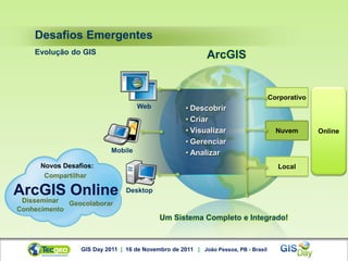 Desafios Emergentes
    Evolução do GIS                                         ArcGIS


                                                                                    Corporativo
                                    Web              • Descobrir
                                                     • Criar
                                                     • Visualizar                     Nuvem       Online
                                                     • Gerenciar
                           Mobile                    • Analizar
      Novos Desafios:                                                                 Local
       Compartilhar

ArcGIS Online                   Desktop
 Disseminar  Geocolaborar
Conhecimento
                                            Um Sistema Completo e Integrado!



                 GIS Day 2011 | 16 de Novembro de 2011 | João Pessoa, PB - Brasil
 