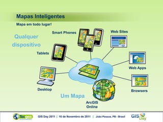 Mapas Inteligentes
 Mapa em todo lugar!

                       Smart Phones                              Web Sites
 Qualquer
dispositivo
           Tablets



                                                                               Web Apps




            Desktop                                                             Browsers
                            Um Mapa
                                               ArcGIS
                                               Online

            GIS Day 2011 | 16 de Novembro de 2011 | João Pessoa, PB - Brasil
 