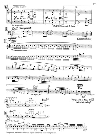 (w/ solo on D.S)
$l wl pn.$ia b.) On D.S.l Vamp, solo * lade
(D,'n,7) (Solo optionol)
rffi) (Vamp till cue
NC
D7r* C7*, Bb"I D7r* C7r*
1l-t>-J-./
gbrlz'st
bs. wl pn. $va b.l
--
"U (conlinue bs. figurel
C§;i;)
D.S.
crr*
,D^.f 1. I
Dl30e)
,^Tii
gb*;'st
r-l_
Yamp. solo & fode onfl
fuith lst endingl
btc.l
H f"''j'u' ì )
eF(bs.)
(Sample dr.l (loosel
m
It
L
(bs. figtre, etc.l (bass get away from figure)
Tltis piece is perfomred in various styles, with a very loose energetic feel.
 