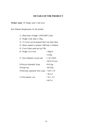 16
DETAILS OF THE PRODUCT
Product name: UC Range series 4 end cover
Raw Material Requirements for the product
1) Metal sheet of length 1250*2500*1.2mm
2) Weight of the sheet is 30kg
3) 21 Covers can be prepared from one metal sheet.
4) Sheets required to prepare 1000 units is 48sheets.
5) Cost of sheet metal per kg 37Rs.
6) Weight of a Cover = 30kg/21
=1.42kg
7) Gross Material cost per unit = 1.42 x Rs55
= Rs78.1/Cover
8) Process Generated Scrap =0.65 kgs
9) Scrap rate =Rs12/kg
10) Revenue generated from scrap = 0.65 x 10
= Rs 6.5
11) Net material cost = 78.1– 6.5
= Rs71.6
 