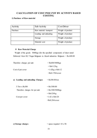 18
CALCULATION OF COST PER UNIT BY ACTIVITY BASED
COSTING
1) Purchase of Raw material
 Raw Material Charge
Weight of the goods 5000kgs (for the specified component) of sheet metal
Delivered from R.C Nagar Belgaum to Akash industries Belgaum = Rs.600.00
Therefore charges per unit = Rs600/5000kgs
= Rs0.12/kg
Cost of per cover =1.42kg x Rs0.12
=Rs0.1704/cover
a) Loading and unloading Charges = Rs300.00/ton
5 Ton x Rs300 = Rs1500.00
Therefore charges for per unit = Rs1500/5000kgs
= Rs0.20/kg
Cost per cover =1.42 x Rs0.20
=Rs0.284/cover
c) Storage charges = space required 10 x 5ft
Activity Sub Activity CostDriver
Purchase Raw material transport Weight of product
Loading and unloading Weight of product
Storage Weight of product
Material cost Weight of product
 