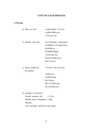 21
COST OF EACH PROCESS
1) Shearing
a) Man cover rate: = wages/number of Covers
= Rs900/1000Covers
= 0.9/Cover rate
b) Machine cover rate =cost of machine x depreciation
=Rs500000 x 10% depreciation
=Rs50000 p.a
=Rs50000/300days
= Rs166.6per day
=Rs166.6/1000Covers
=Rs0.17/Cover
c) Space occupied by = 100 Sq ft x Rs 2 per sq ft
the machine
= Rs200 p.m
= Rs200/26days
=Rs7.69/day
=Rs7.69/1000Covers
=Rs 0.00769/Cover
d) calculation of electricity
Monthly electricity bill = 31,266
Monthly power consumption = 45hp
Therefore,
Rs31,266/45hp = Rs694.8 per hp/ month
 