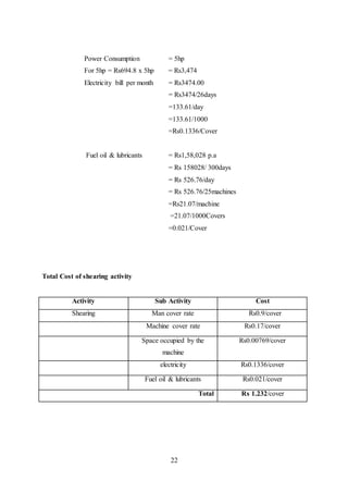 22
Power Consumption = 5hp
For 5hp = Rs694.8 x 5hp = Rs3,474
Electricity bill per month = Rs3474.00
= Rs3474/26days
=133.61/day
=133.61/1000
=Rs0.1336/Cover
Fuel oil & lubricants = Rs1,58,028 p.a
= Rs 158028/ 300days
= Rs 526.76/day
= Rs 526.76/25machines
=Rs21.07/machine
=21.07/1000Covers
=0.021/Cover
Total Cost of shearing activity
Activity Sub Activity Cost
Shearing Man cover rate Rs0.9/cover
Machine cover rate Rs0.17/cover
Space occupied by the
machine
Rs0.00769/cover
electricity Rs0.1336/cover
Fuel oil & lubricants Rs0.021/cover
Total Rs 1.232/cover
 