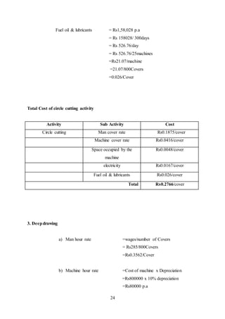 24
Fuel oil & lubricants = Rs1,58,028 p.a
= Rs 158028/ 300days
= Rs 526.76/day
= Rs 526.76/25machines
=Rs21.07/machine
=21.07/800Covers
=0.026/Cover
Total Cost of circle cutting activity
Activity Sub Activity Cost
Circle cutting Man cover rate Rs0.1875/cover
Machine cover rate Rs0.0416/cover
Space occupied by the
machine
Rs0.0048/cover
electricity Rs0.0167/cover
Fuel oil & lubricants Rs0.026/cover
Total Rs0.2766/cover
3. Deepdrawing
a) Man hour rate =wages/number of Covers
= Rs285/800Covers
=Rs0.3562/Cover
b) Machine hour rate =Cost of machine x Depreciation
=Rs800000 x 10% depreciation
=Rs80000 p.a
 