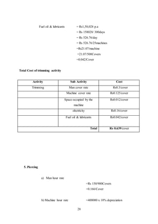 28
Fuel oil & lubricants = Rs1,58,028 p.a
= Rs 158028/ 300days
= Rs 526.76/day
= Rs 526.76/25machines
=Rs21.07/machine
=21.07/500Covers
=0.042/Cover
Total Cost of trimming activity
Activity Sub Activity Cost
Trimming Man cover rate Rs0.3/cover
Machine cover rate Rs0.125/cover
Space occupied by the
machine
Rs0.012/cover
electricity Rs0.16/cover
Fuel oil & lubricants Rs0.042/cover
Total Rs 0.639/cover
5. Piercing
a) Man hour rate
=Rs 150/900Covers
=0.166/Cover
b) Machine hour rate =400000 x 10% depreciation
 