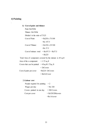 33
4) Painting
.
1) Cost of paint and thinner
Paint Rs250/ltr
Thinner Rs150/ltr
Divided in the ratio of 75:25
Cost of Paint = Rs250 x 75/100
=Rs 187.5
Cost of Thinner = Rs150 x 25/100
=Rs 37.5
Cost of mixture total = Rs187.5 + Rs37.5
= Rs225
Total Area of component covered by the mixture is 45 sq ft
Area of the a component = 1.72 sq ft
Covers that can be painted = 45sq ft/1.72sq ft
= 26Covers
Cost of paint per cover =Rs225/ 26Covers
= Rs8.6/Cover
2) Labour cost
People required for painting = 2
Wages per day = Rs 320
Covers painted in one day = 200 Covers
Cost per cover = Rs320/200covers
=Rs1.6/cover
 